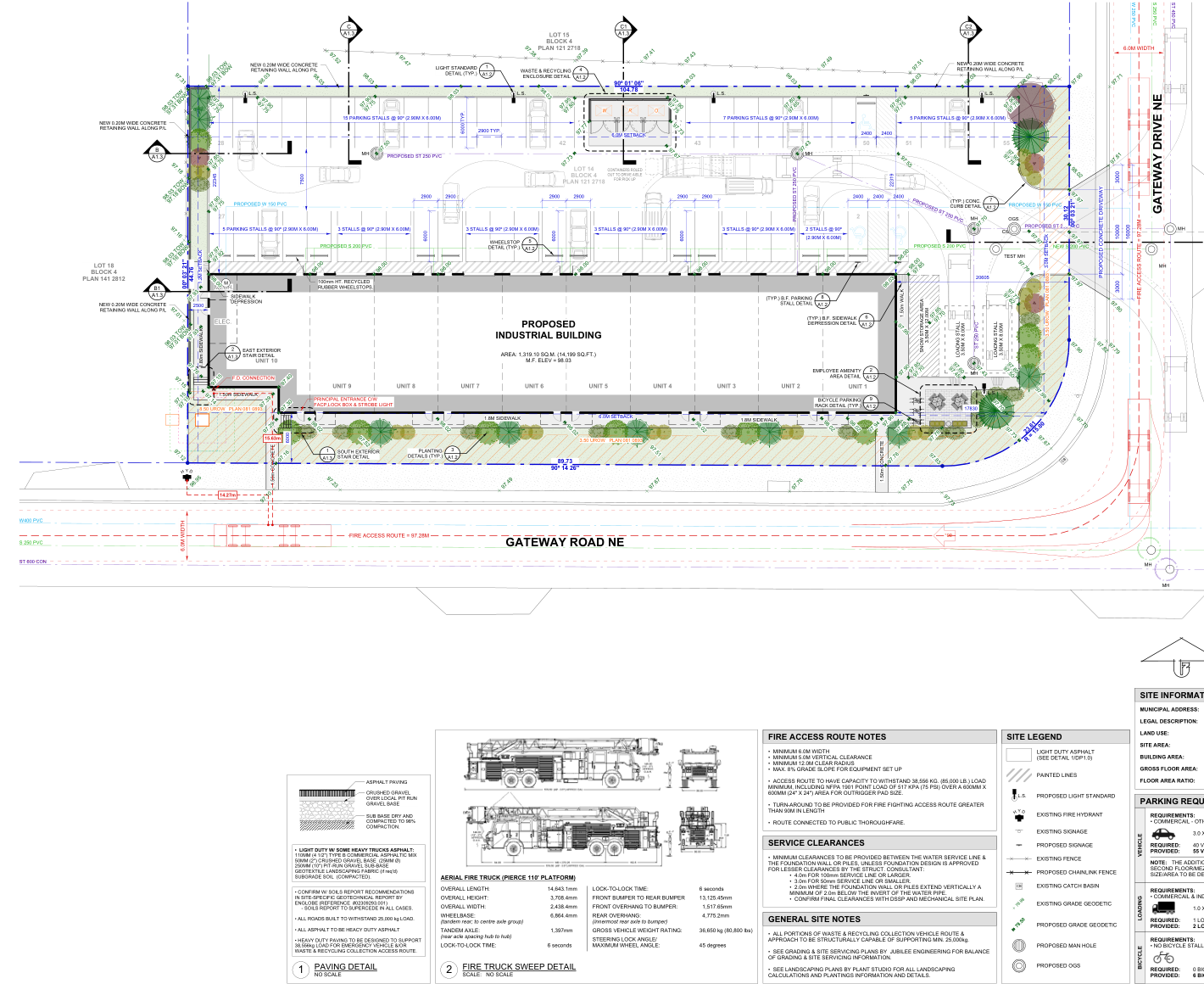 Architectural site plan showing the commercial building, parking, loading and Gateway road frontages